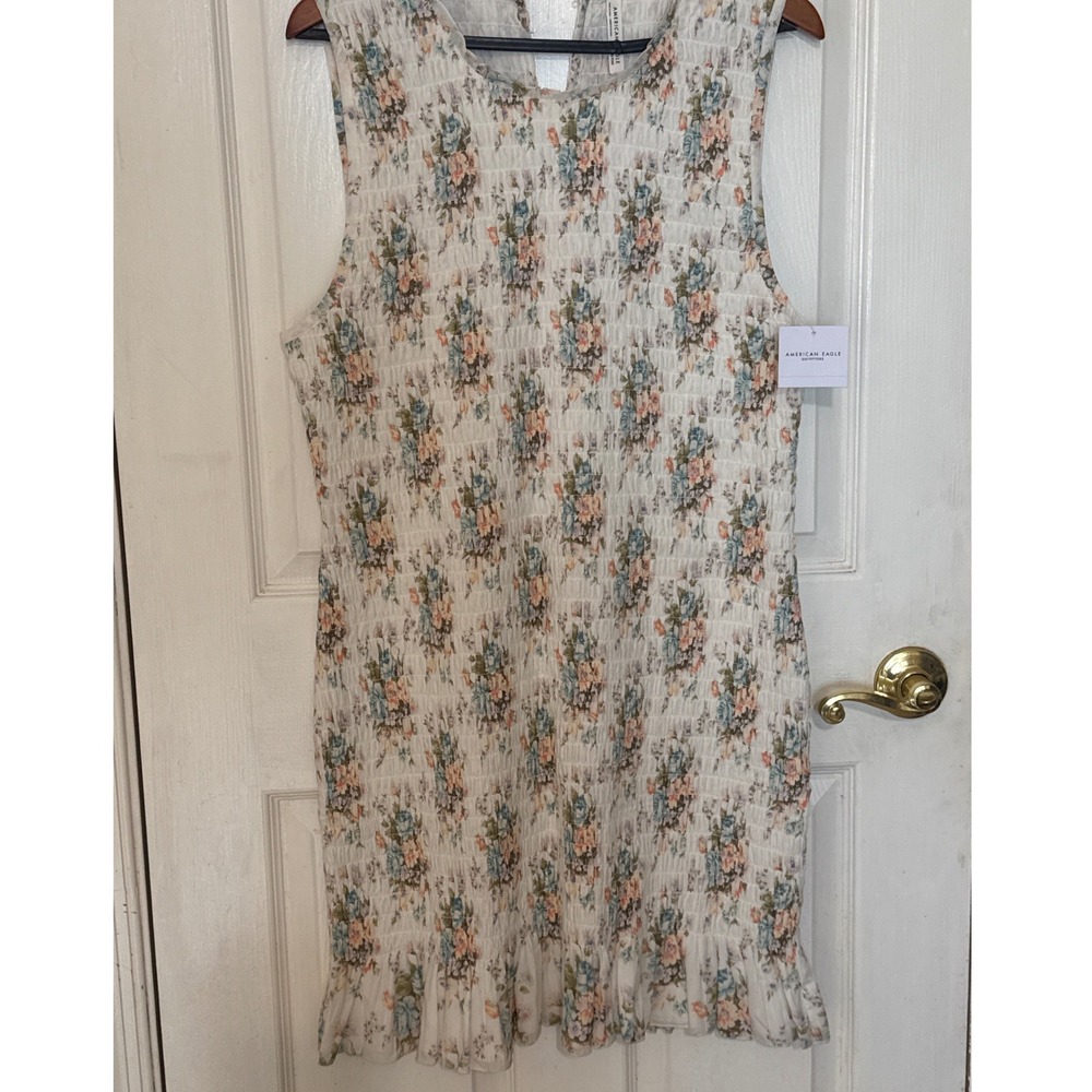 American Eagle Smocked Floral Mini Dress‎ Womens XL White Boho Ruffle NWT
